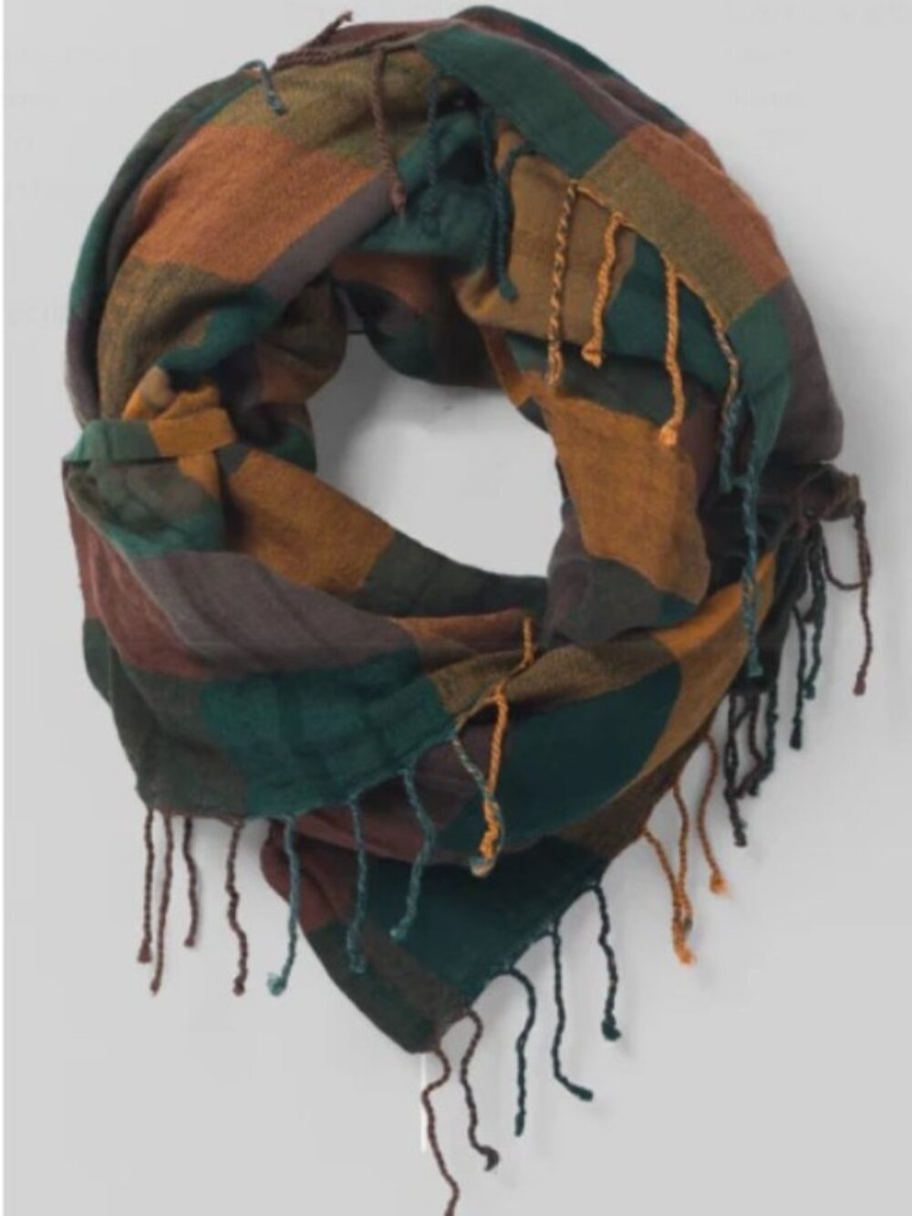 prAna Skylan Scarf Deep Pine Fall Plaid wool wrap brown 73x28" boho soft